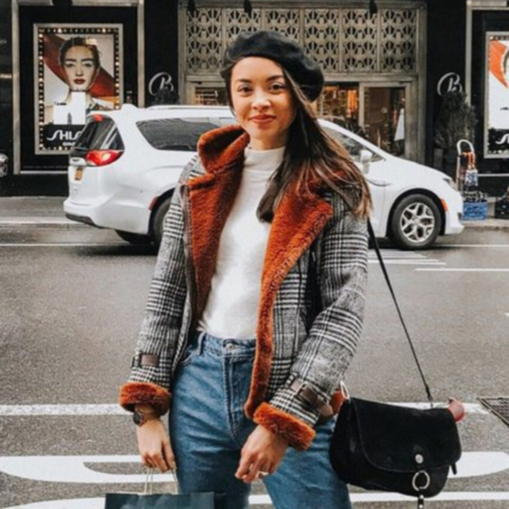 Plaid Menswear Faux Fur Coat Moto Jacket Avec Les Filles